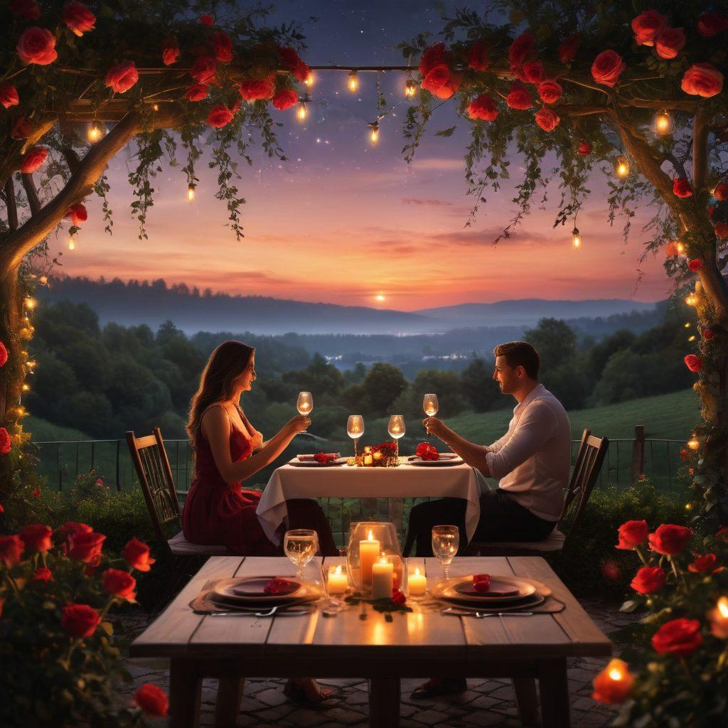 A romantic dinner setting under the stars, with two wine glasses clinking next to a candlelit table adorned with roses. Soft, glowing lights hang from trees, creating a warm, inviting atmosphere. In the background, silhouettes of a couple enjoying their time together can be seen. The overall tone should evoke feelings of love and intimacy. vibrant colors. super-realistic.