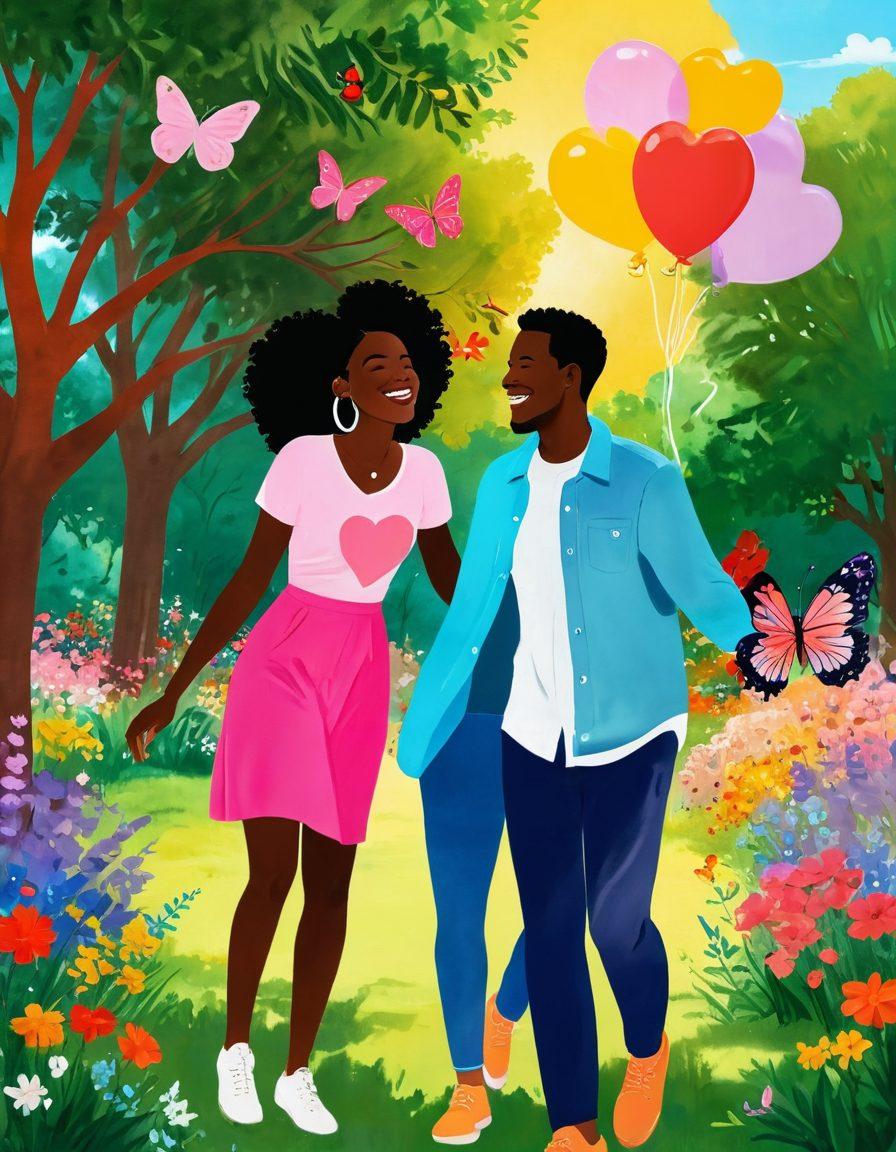 A bright, whimsical illustration of two diverse individuals joyfully connecting in a vibrant park setting, surrounded by blooming flowers and butterflies, symbolizing love and happiness. They should be laughing, with elements like heart-shaped balloons and a sparkling sun illuminating their faces to evoke a sense of fulfillment and connection. The background should include soft pastel colors to enhance the feeling of warmth and joy. vibrant colors. playful style.