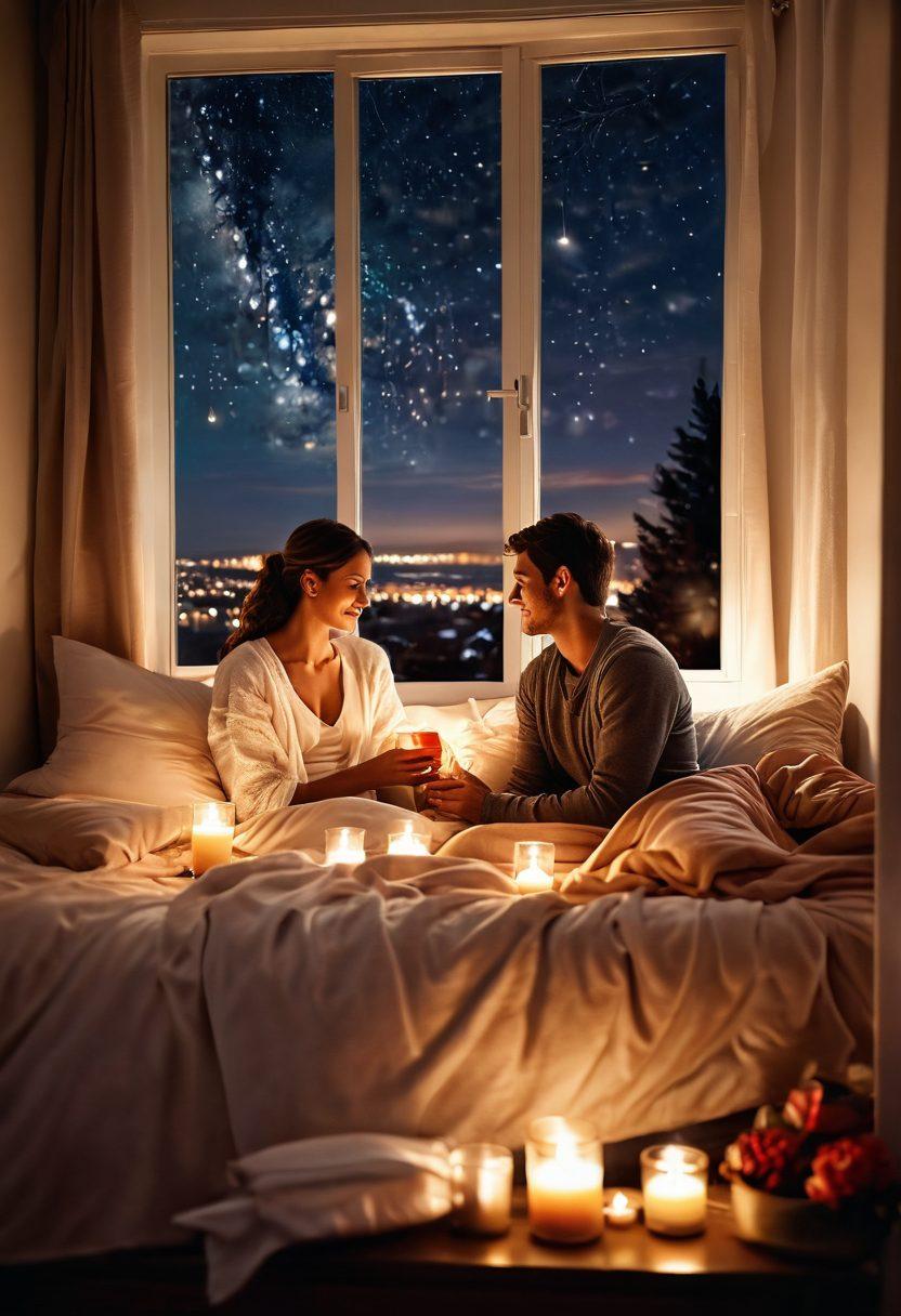 A cozy, candlelit bedroom setting featuring a couple sharing an intimate moment, surrounded by soft pillows and blankets. The warm glow of the candles reflects a sense of love and connection. Elements like heart-shaped decorations and a small table with a romantic dinner add depth to the scene. The background showcases a softly blurred view of a starry night sky visible through a window, enhancing the romantic atmosphere. super-realistic. vibrant colors. warm tones.